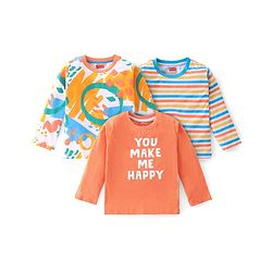 Babyhug Cotton Knit Full Sleeves T-Shirt with Striped & Text Print Pack of 3- Multicolor
