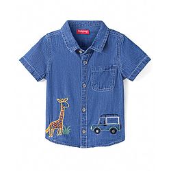 Babyhug Cotton Woven Half Sleeves Denim Shirt with Jeep & Giraffe Embroidery - Blue