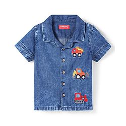 Babyhug Cotton Woven Half Sleeves Denim Washed Shirt With Vehicle Embroidered  - Navy Blue