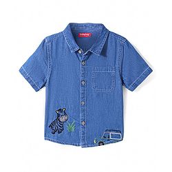 Babyhug Cotton Woven Half Sleeves Denim Shirt with Zebra Embroidery - Blue