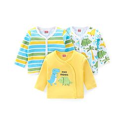 Babyhug 100% Cotton Knit Front Open Jhablas with Striped & Dino Print Pack of 3 - Yellow & White