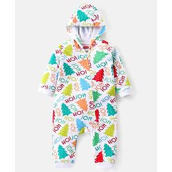 Babyhug 100% Cotton Knit Full Sleeves Hooded Romper with Christmas Tree & Text Print - Multicolour