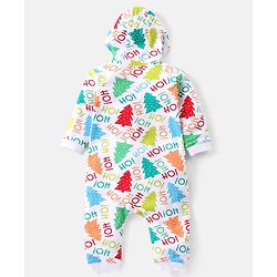 Babyhug 100% Cotton Knit Full Sleeves Hooded Romper with Christmas Tree & Text Print - Multicolour