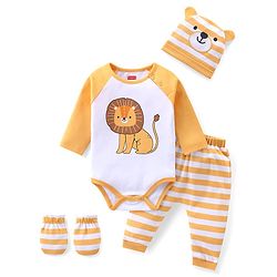 Babyhug 100% Cotton Knit Full Sleeves Lion Print Onesie with Striped Leggings and Cap Mittens - Yellow