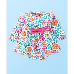 Babyhug 100 % Cotton Knit Full Sleeves Frock Style Onesie Floral Print With Bow Applique-Multicolor