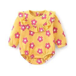 Babyhug 100% Cotton Knit Full Sleeves Onesie with Frill Detailing & Floral Print - Yellow