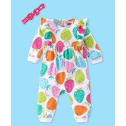 Babyhug 100% Cotton Knit Full Sleeves Romper with Headband & Strawberry Print - Multicolour