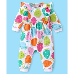 Babyhug 100% Cotton Knit Full Sleeves Romper with Headband & Strawberry Print - Multicolour