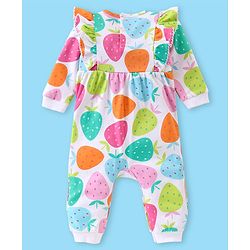 Babyhug 100% Cotton Knit Full Sleeves Romper with Headband & Strawberry Print - Multicolour