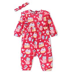 Babyhug 100% Cotton Knit Full Sleeves Romper with Headband & Floral Print - Multicolour