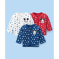 Babyhug Disney Interlock Knitted Full Sleeves Jhablas With Mickey Mouse Graphics Pack of 3 - White Blue & Red