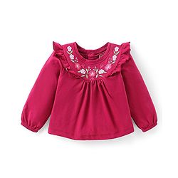 Babyhug Cotton Knit Full Sleeves Top With Frill Detail & Floral Embroidery - Maroon