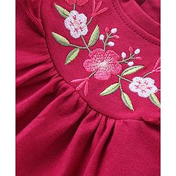 Babyhug Cotton Knit Full Sleeves Top With Frill Detail & Floral Embroidery - Maroon