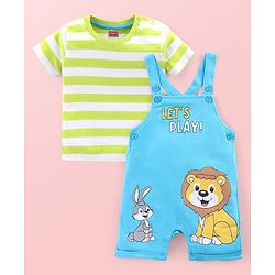 Babyhug Single Jersey Knit Striped Half Sleeves T-Shirt with Bunny & Lion Printed Dungaree - Blue & Green
