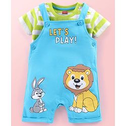 Babyhug Single Jersey Knit Striped Half Sleeves T-Shirt with Bunny & Lion Printed Dungaree - Blue & Green
