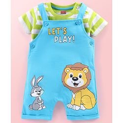 Babyhug Single Jersey Knit Striped Half Sleeves T-Shirt with Bunny & Lion Printed Dungaree - Blue & Green