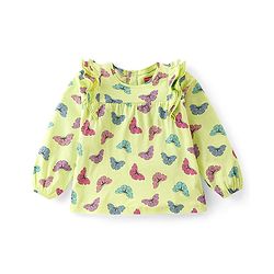 Babyhug Cotton Knit Full Peasant Sleeves Top with Butterfly Print & Frill Detailing -  Green