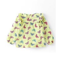 Babyhug Cotton Knit Full Peasant Sleeves Top with Butterfly Print & Frill Detailing -  Green