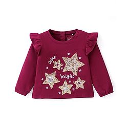 Babyhug Cotton Knit Full Sleeves A Line Top with Star Print & Frill Detailing- Maroon
