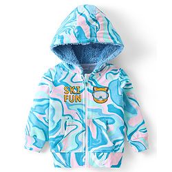 Babyhug Woven Full Sleeves Hooded Jacket With Abstract Design & Kitty Patch Detailing - Blue