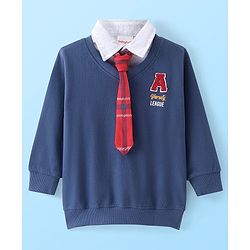 Babyhug Cotton Knit Full Sleeves Collar Neck Sweatshirts With Text Embroidery & Tie - Navy Blue