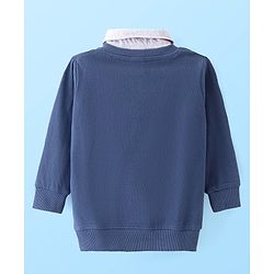 Babyhug Cotton Knit Full Sleeves Collar Neck Sweatshirts With Text Embroidery & Tie - Navy Blue