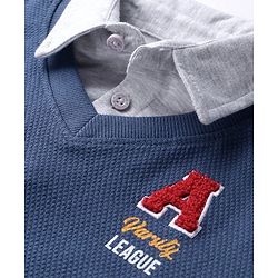 Babyhug Cotton Knit Full Sleeves Collar Neck Sweatshirts With Text Embroidery & Tie - Navy Blue