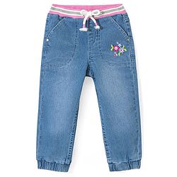 Babyhug Full Length Stretchable Denim Washed Joggers with Floral Embroidery - Blue