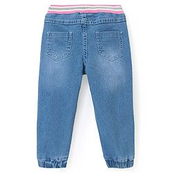 Babyhug Full Length Stretchable Denim Washed Joggers with Floral Embroidery - Blue