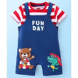 Babyhug Single Jersey Knit Striped  Half Sleeves T-Shirt with Bear Printed Dungaree - Red & Blue