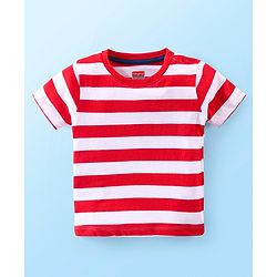 Babyhug Single Jersey Knit Striped  Half Sleeves T-Shirt with Bear Printed Dungaree - Red & Blue