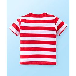 Babyhug Single Jersey Knit Striped  Half Sleeves T-Shirt with Bear Printed Dungaree - Red & Blue