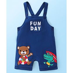 Babyhug Single Jersey Knit Striped  Half Sleeves T-Shirt with Bear Printed Dungaree - Red & Blue