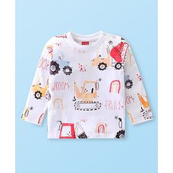 Babyhug Cotton Knit Full Sleeves Night Suit with Construction Vehicle Print - White
