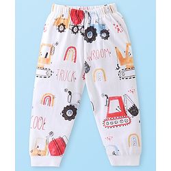 Babyhug Cotton Knit Full Sleeves Night Suit with Construction Vehicle Print - White