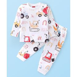 Babyhug Cotton Knit Full Sleeves Night Suit with Construction Vehicle Print - White