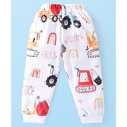 Babyhug Cotton Knit Full Sleeves Night Suit with Construction Vehicle Print - White