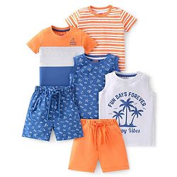 Babyhug Cotton Knit Half Sleeves T-Shirt & Shorts Set With Beach Theme Pack Of 6 - Multicolor