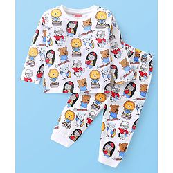 Babyhug Cotton Knit Full Sleeves Night Suit with Lion & Beat Print - White