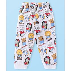 Babyhug Cotton Knit Full Sleeves Night Suit with Lion & Beat Print - White