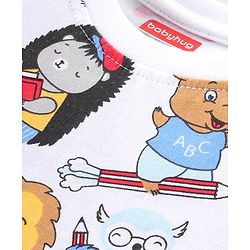 Babyhug Cotton Knit Full Sleeves Night Suit with Lion & Beat Print - White
