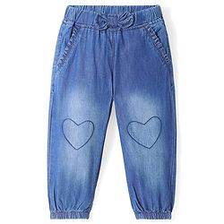 Babyhug  Denim  Full Length Joggers with Bow Detailing & Heart Print- Blue