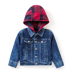 Babyhug Full Sleeves Collar Neck Washed Denim Jacket With Detachable Hood - Blue