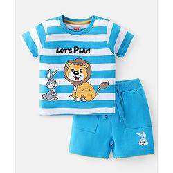 Babyhug Cotton Knit Half Sleeves Striped T-Shirt & Shorts Set With Lion & Bunny Print - Blue