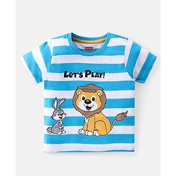 Babyhug Cotton Knit Half Sleeves Striped T-Shirt & Shorts Set With Lion & Bunny Print - Blue