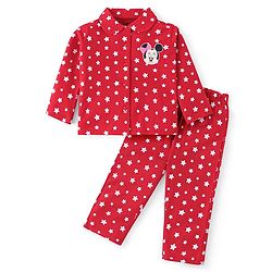Babyhug Disney Single Jersey Full Sleeves Front Open Night Suit with Star & Minnie Mouse Print - Red