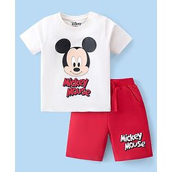 Babyhug Disney Cotton Knit Half Sleeves T-Shirt & Shorts Set With Mickey Mouse Print - White & Red