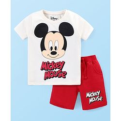 Babyhug Disney Cotton Knit Half Sleeves T-Shirt & Shorts Set With Mickey Mouse Print - White & Red