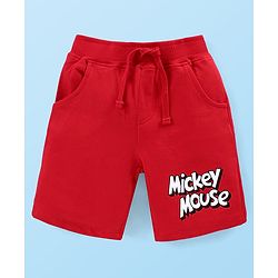 Babyhug Disney Cotton Knit Half Sleeves T-Shirt & Shorts Set With Mickey Mouse Print - White & Red