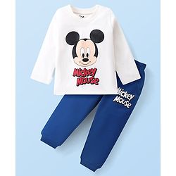 Babyhug Disney Single Jersey Knit Full Sleeves T-Shirt & Joggers Set With Micky Mouse Graphics - White & Blue